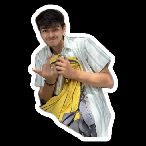 Chairman Ansh holding a yellow backpack and showing the middle finger